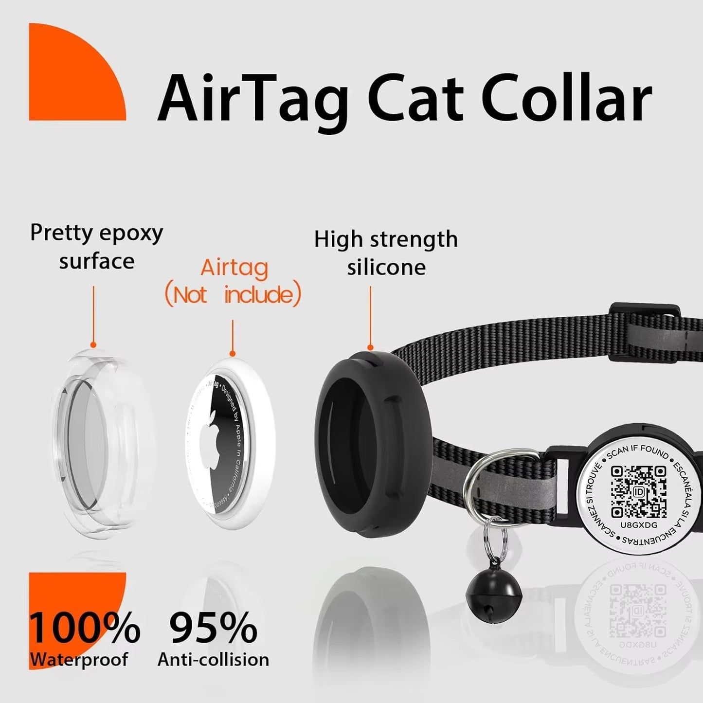 Adjustable Anti-Loss Cat Collar with AirTag Holder and Breakaway QR Code Tag Buckle for Kittens