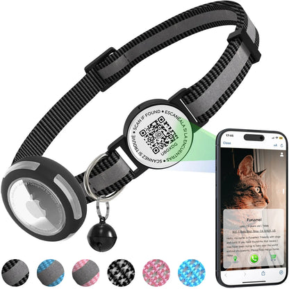 Adjustable Anti-Loss Cat Collar with AirTag Holder and Breakaway QR Code Tag Buckle for Kittens
