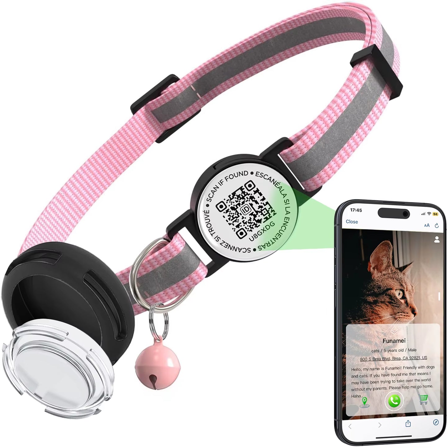 Adjustable Anti-Loss Cat Collar with AirTag Holder and Breakaway QR Code Tag Buckle for Kittens