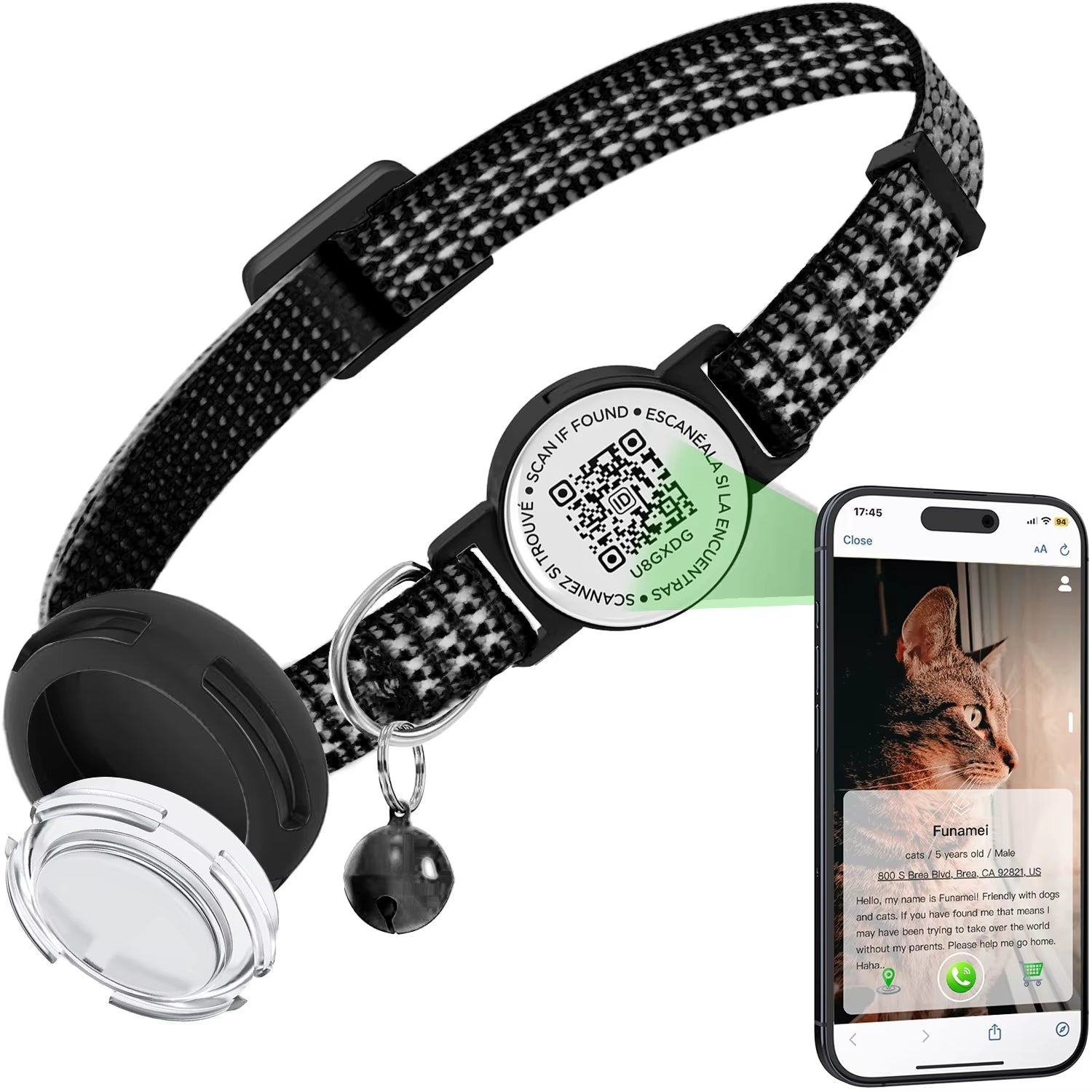 Adjustable Anti-Loss Cat Collar with AirTag Holder and Breakaway QR Code Tag Buckle for Kittens