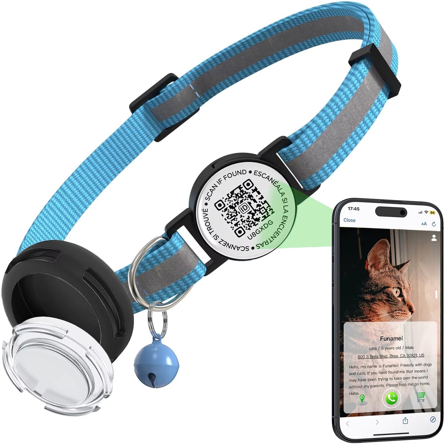 Adjustable Anti-Loss Cat Collar with AirTag Holder and Breakaway QR Code Tag Buckle for Kittens