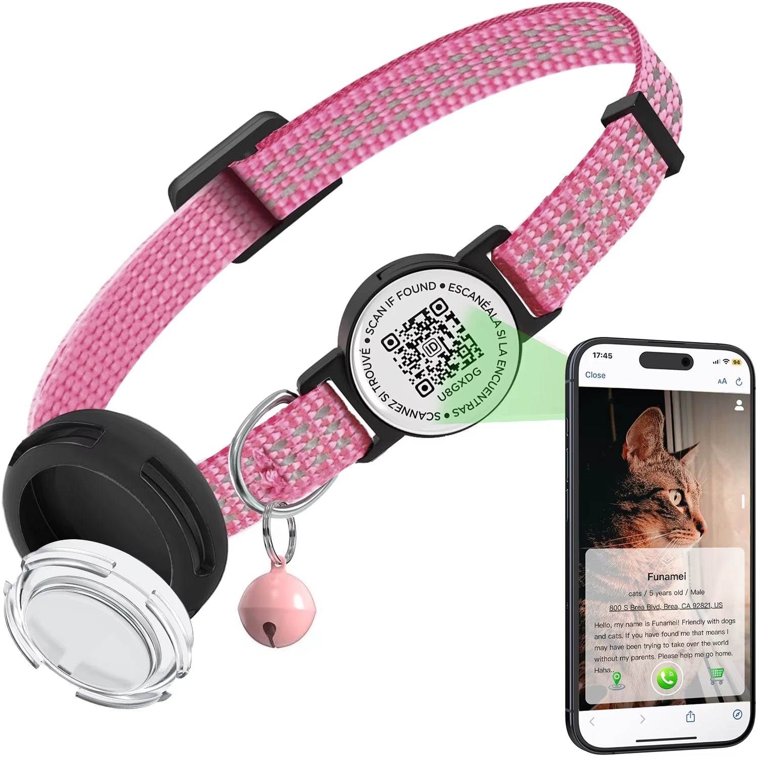 Adjustable Anti-Loss Cat Collar with AirTag Holder and Breakaway QR Code Tag Buckle for Kittens