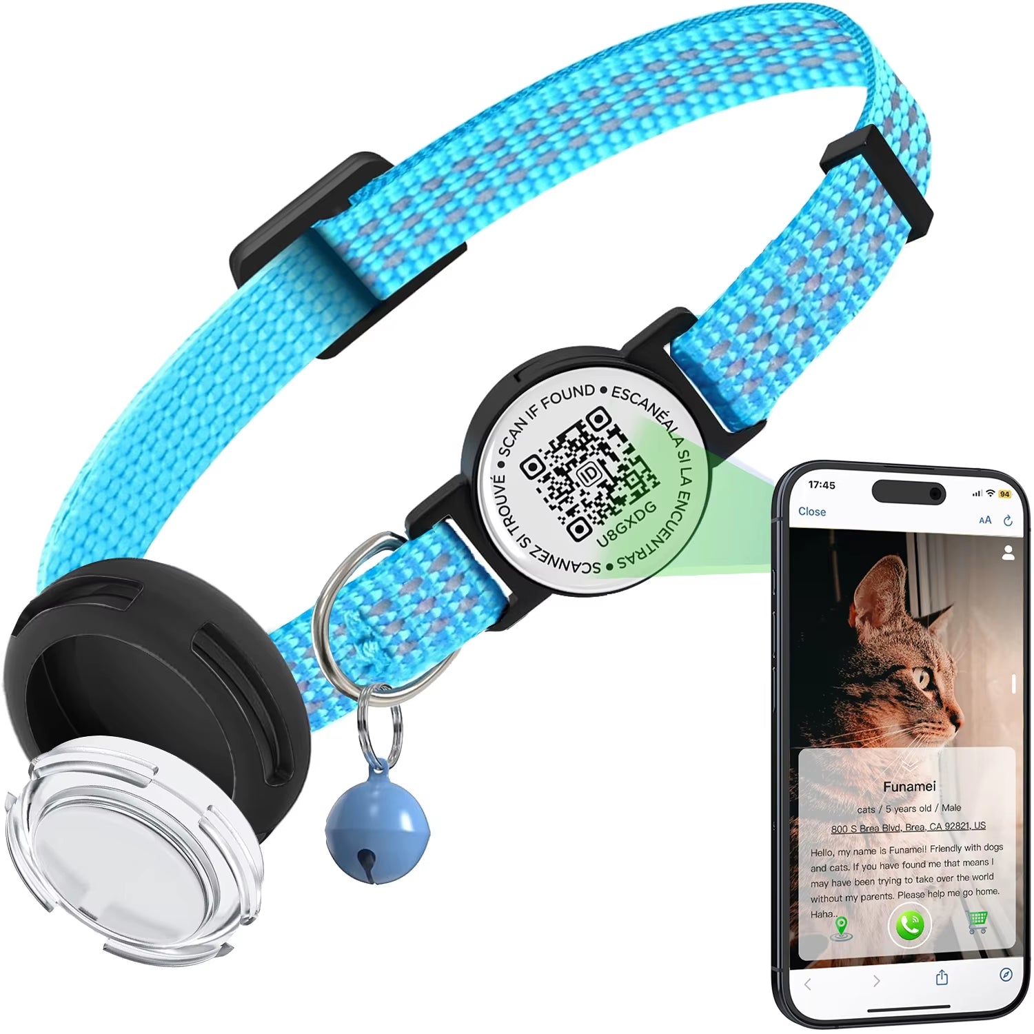 Adjustable Anti-Loss Cat Collar with AirTag Holder and Breakaway QR Code Tag Buckle for Kittens