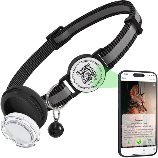 Adjustable Anti-Loss Cat Collar with AirTag Holder and Breakaway QR Code Tag Buckle for Kittens