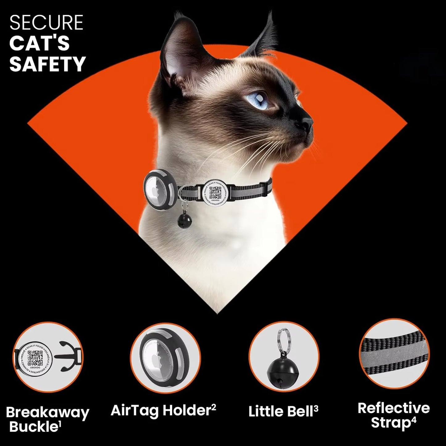 Adjustable Anti-Loss Cat Collar with AirTag Holder and Breakaway QR Code Tag Buckle for Kittens